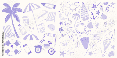 Collection of purple summer beach vacation icons and elements on a white background