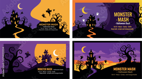 "Monster Mash" Halloween Horizontal Banner Set with Haunted House, Flying Ghosts, and Silhouettes on a Hill