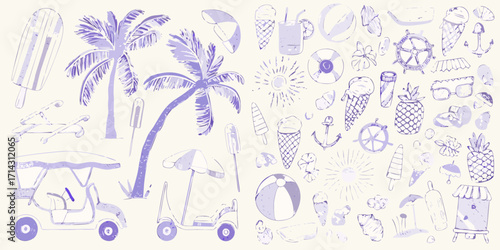 Collection of hand drawn purple summer vacation elements and beach icons on a light background