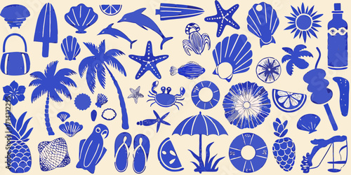 Collection of blue summer beach vacation icons and symbols on a cream background