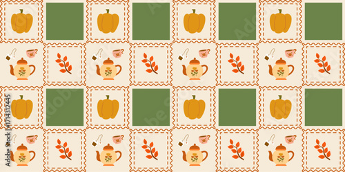 Autumn Seamless Pattern with Teapots, Pumpkins, Fall Leaves and Checkerboard Design for Fabric, Wallpaper, and Decor