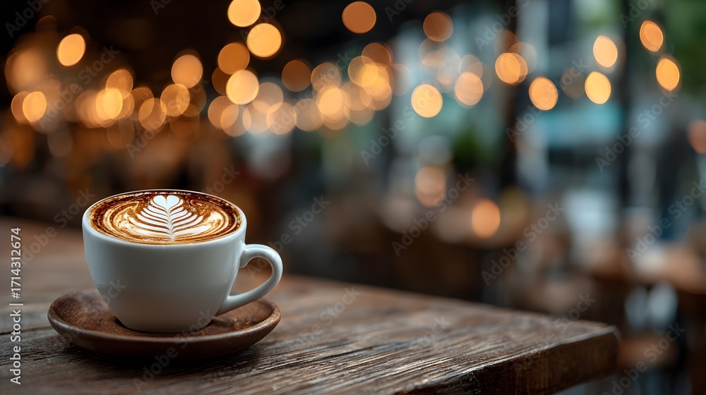 Obraz premium Single white coffee cup with latte art on a wooden table. The warm, glowing bokeh lights of a bustling, fashionable cafe are softly blurred behind it.