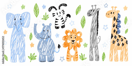 Cute hand drawn safari animals collection with elephant rhino lion giraffe and zebra for kids