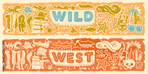 Whimsical hand drawn illustration featuring the words wild and west with western themed elements