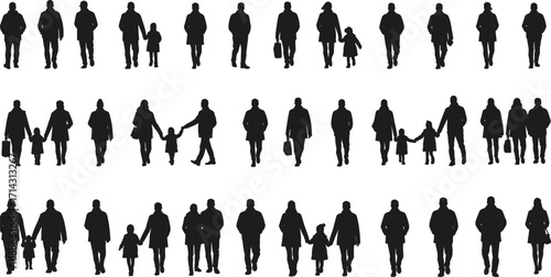 Black silhouettes of people walking, families, children, urban crowd, diverse activities, outdoor lifestyle, vector illustration, companionship