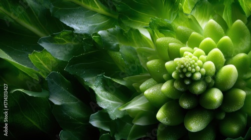 An artistic close-up of a vibrant green Romanesco cauliflower showcases its unique fractal patterns and lush green leaves, symbolizing nature's intricate beauty.