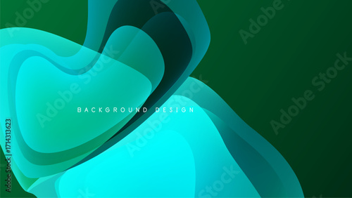 Abstract fluid shapes overlap, creating dynamic teal, green gradients. Dark background enhances visual depth, modern aesthetic.