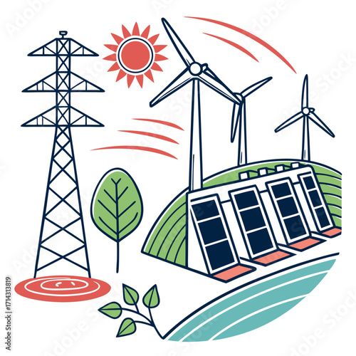 Renewable energy sources illustration wind turbine, solar panel, and power line for sustainable electricity generation and environmental protection