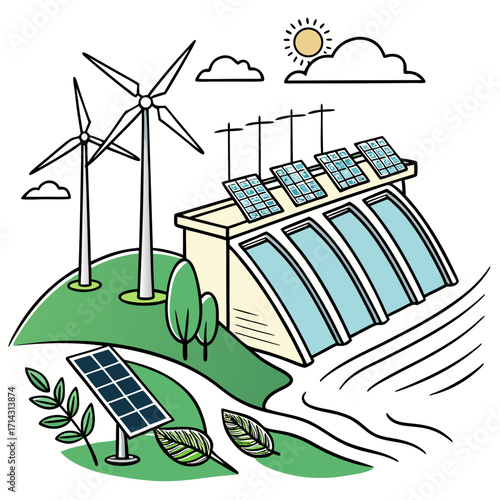 Handdrawn illustration of a sustainable energy ecosystem featuring wind turbines, solar panels on a dam, and lush greenery, clean energy future