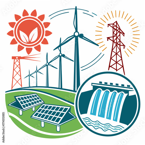 Vibrant illustration showcasing various renewable energy sources including solar panels, wind turbines, and a hydroelectric dam, promoting a sustainable and ecofriendly future