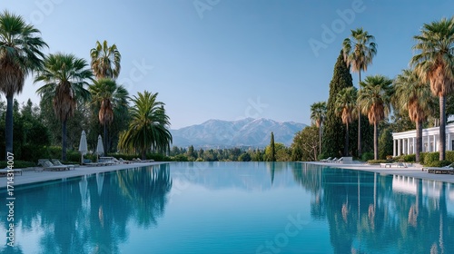 Scenic Infinity Pool Reflecting Sky Framed by Palm Trees and Distant Mountains on a Sunny Day with Turquoise Water Creating a Serene Landscape