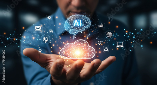 Artificial Intelligence and Cloud Computing Synergy A Man Holds Holographic AI Brain and Cloud Network Representing Future Technologies