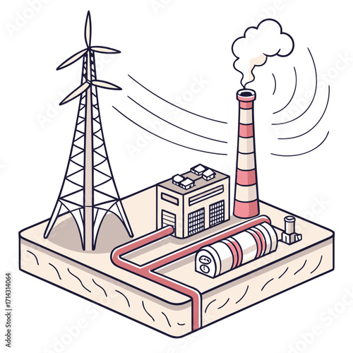Isometric illustration of a power plant with wind turbine, chimney, and storage tank, depicts sustainable energy generation and industrial infrastructure