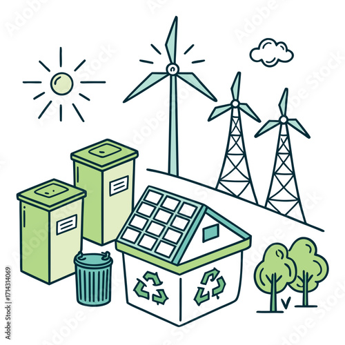 Illustration depicting renewable energy sources such as solar panels, wind turbines, and recycling bins, showcasing a commitment to sustainability and environmental protection