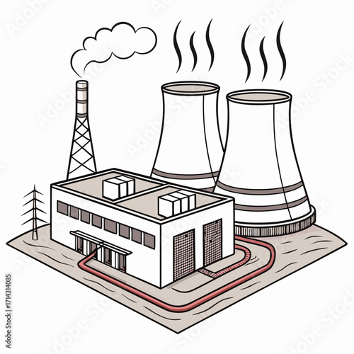 Isometric illustration of a nuclear power plant with cooling tower and chimney, depicts energy production and industrial infrastructure
