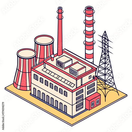Isometric illustration of a power plant, showcasing its industrial design, energy production, and infrastructure in a clean and modern style