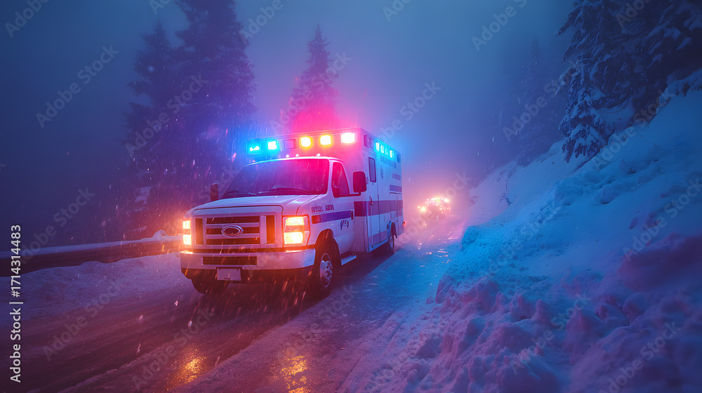 Obraz premium An emergency ambulance in a snowy landscape, illuminated by flashing lights during a winter storm.