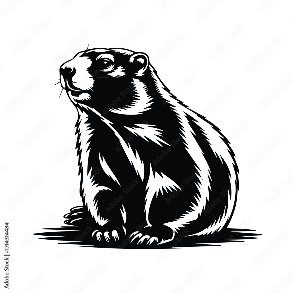 Fototapeta premium Illustrative Marmot Portrait in Striking Black and White Vector Design on White Background