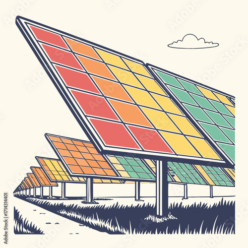 Stylized illustration of a solar panel farm, showcasing renewable energy and sustainable technology, clean energy source