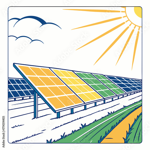Vibrant illustration of a solar panel farm under a bright sun, emphasizing renewable energy and sustainable technology, clean energy source