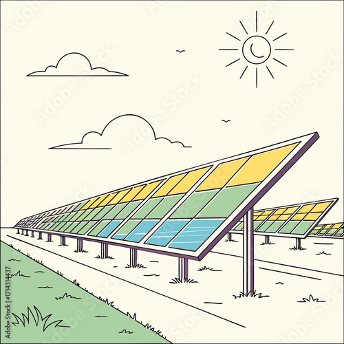 Illustration of a solar panel farm under a sunny sky, showcasing renewable energy and sustainable technology, clean energy source