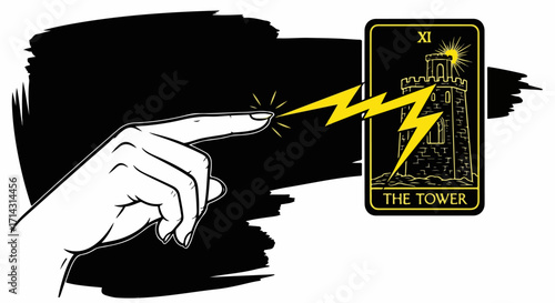 Illustration isolated on white background of a hand touching a tarot card with lightning, representing intuition, energy, and the power of divination in art