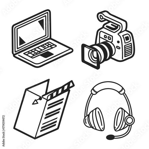 Illustration of a laptop, camera, movie clapper, and headphones, representing media production, content creation, and digital communication