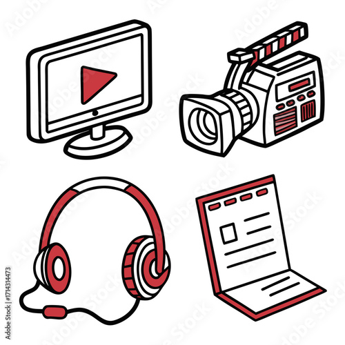 Illustration of a monitor, camera, headphone, and document represents video production, audio recording, and content creation