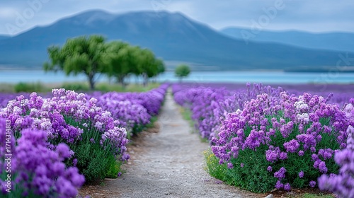 Scenic Lavender Field with Blooming Purple Flowers Against a Backdrop of Verdant Trees and Distant Mountain Under a Soft Sky
