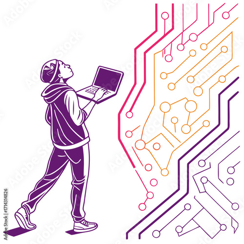 A young man with a laptop looks up at a circuit board, the circuit board is colorful and intricate, suggesting technology and innovation