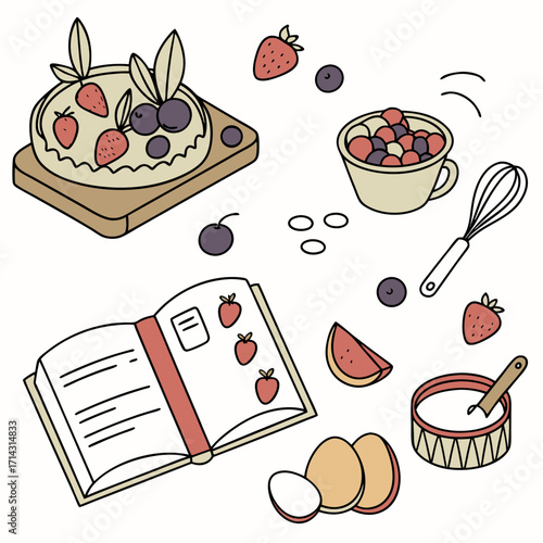 A delightful illustration showcases the joy of baking, featuring a berry pie, cookbook, and ingredients, , evoking a sense of culinary creativity