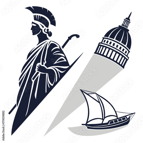 Illustration featuring a statue, the united states capitol dome, and a sailboat, creating a symbolic representation of history, government, and maritime activity