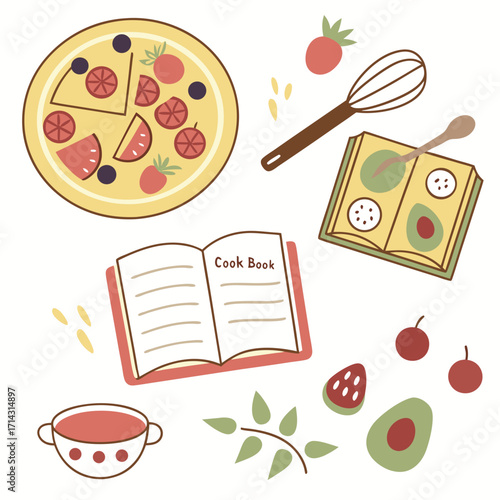 A whimsical illustration captures the essence of cooking, featuring a fruit pizza, cookbook, and fresh ingredients, , inspiring culinary creativity