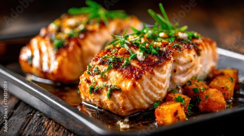 Perfectly grilled salmon fillets garnished with fresh herbs, accompanied by roasted vegetables, embodying a healthy and flavorful meal option for seafood enthusiasts.