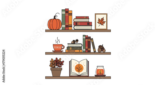 Cozy Autumn Bookshelf with Pumpkin Coffee and Fall Decor.