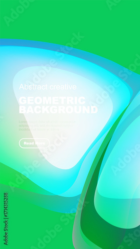 Abstract geometric background features vibrant green, blue gradients. Text overlay includes sample content, button. Modern design elements present.