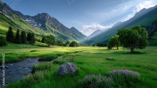 Scenic Mountain Valley with Golden Sunlight Rays Flowing Through Lush Green Meadow and Stream Creating a Serene Landscape