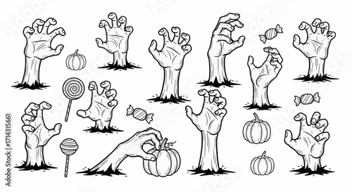 Zombie hands reaching from the ground with pumpkins and candy.