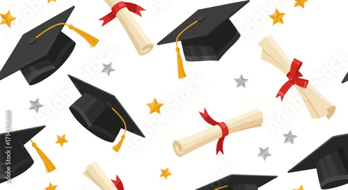 Illustrated graduation pattern with black academic caps golden tassels and scrolled diplomas.