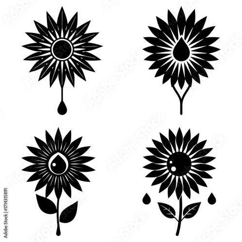 Four black and white floral designs featuring stylized sunflowers and water droplets in a pattern set