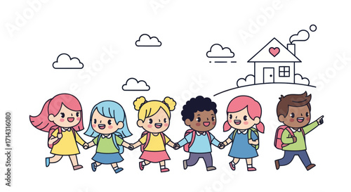 Diverse group of happy cartoon children walking together with backpacks.
