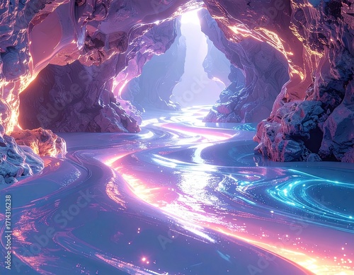 Glowing Purple Pink Futuristic Waterfall in Crystal Cave