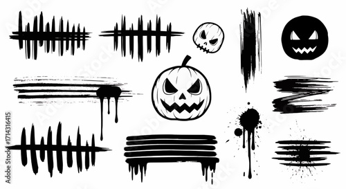 A collection of black grunge brush strokes, ink splatters, and Halloween-themed elements like scary pumpkins and skulls, creating a spooky and distressed design set.