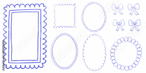 Collection of hand drawn decorative blue borders and bows on white background