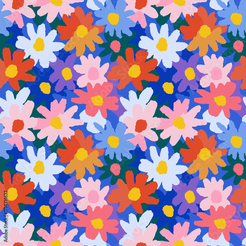 Cute vector floral seamless pattern. Abstract colorful background with cut-out stylized daisy flowers, bold shapes. Paper cut collage style pattern. Childish texture. Simple repeated all-over design