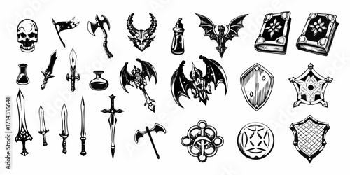 Fantasy game assets collection featuring weapons armor potions and magical items in black and white style