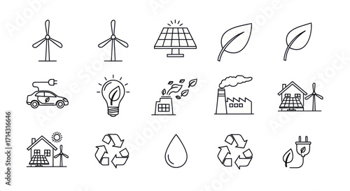 Outline Icons Representing Sustainable Energy and Environmental Solutions.