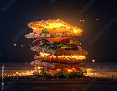 Glowing Stack of Gourmet Crackers and Sandwiches