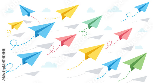 Colorful Paper Airplanes Flying with Dotted Trails.