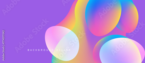 Abstract colorful shapes overlap purple background. Gradient hues create modern visual effect. Design feels fluid, dynamic.